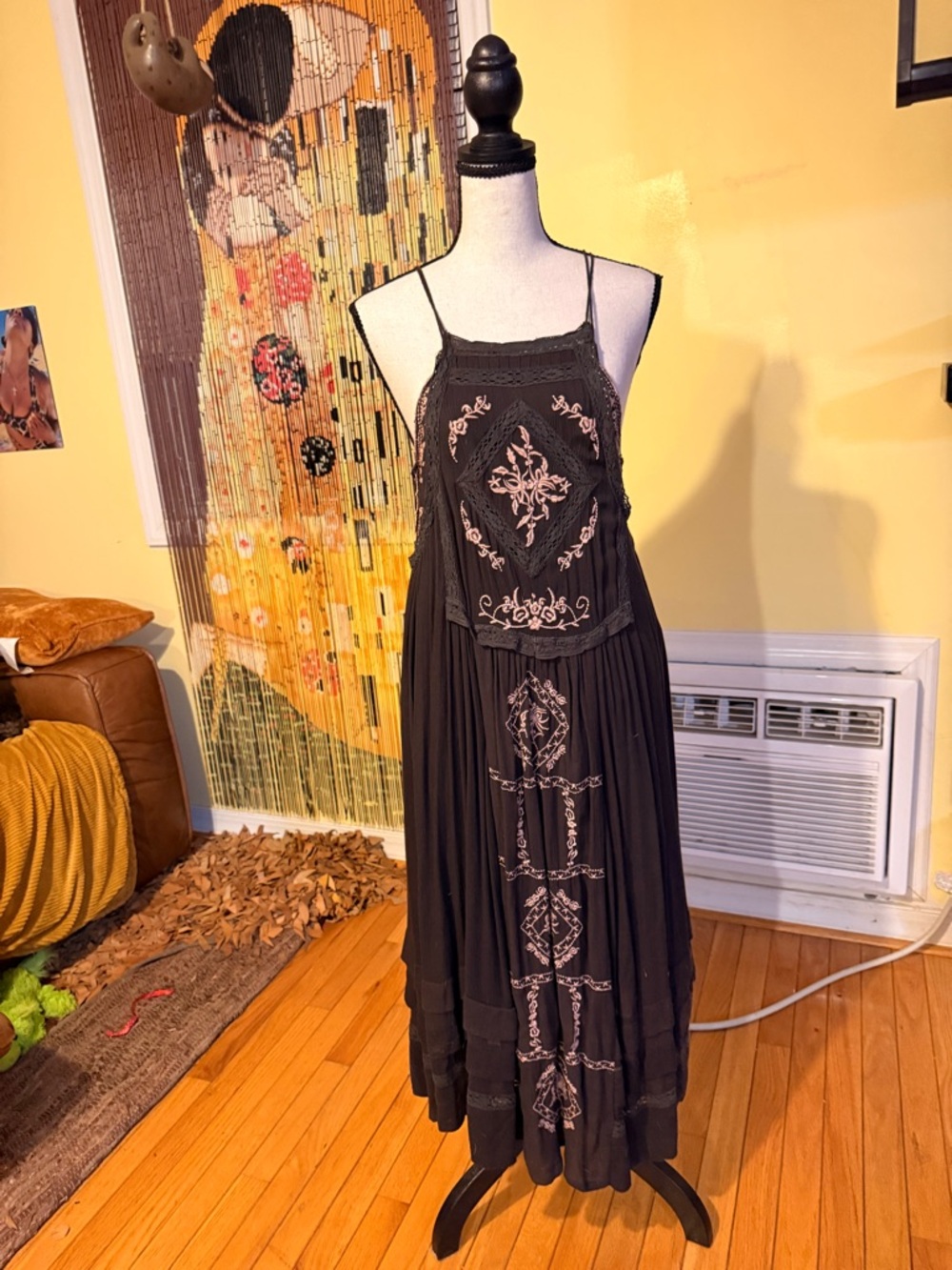 Free People Black Maxi Dress with Blush Embroidery